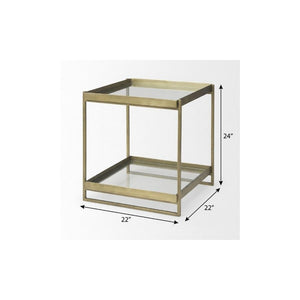 24 Inch Square Tempered Glass Iron End Table with Two Open Shelves for Modern Living Rooms