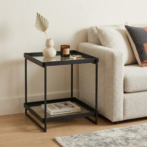 24 Inch Square Tempered Glass Iron End Table with Two Open Shelves for Modern Living Rooms