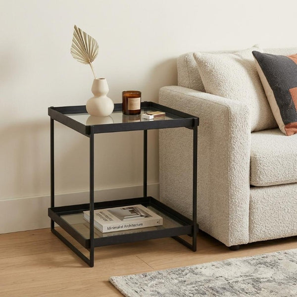 24 Inch Square Tempered Glass Iron End Table with Two Open Shelves for Modern Living Rooms