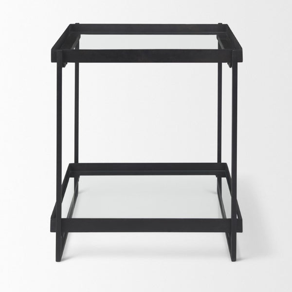 24 Inch Square Tempered Glass Iron End Table with Two Open Shelves for Modern Living Rooms