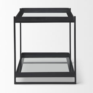 24 Inch Square Tempered Glass Iron End Table with Two Open Shelves for Modern Living Rooms