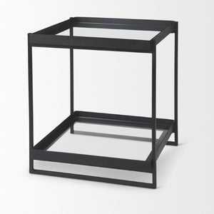 24 Inch Square Tempered Glass Iron End Table with Two Open Shelves for Modern Living Rooms