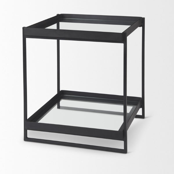 24 Inch Square Tempered Glass Iron End Table with Two Open Shelves for Modern Living Rooms