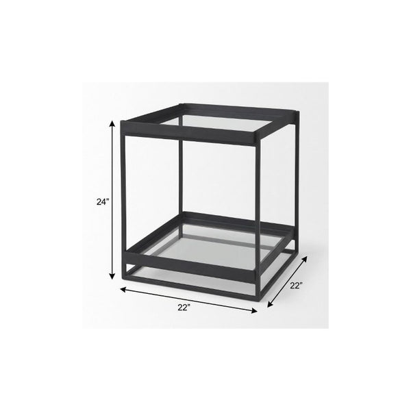 24 Inch Square Tempered Glass Iron End Table with Two Open Shelves for Modern Living Rooms
