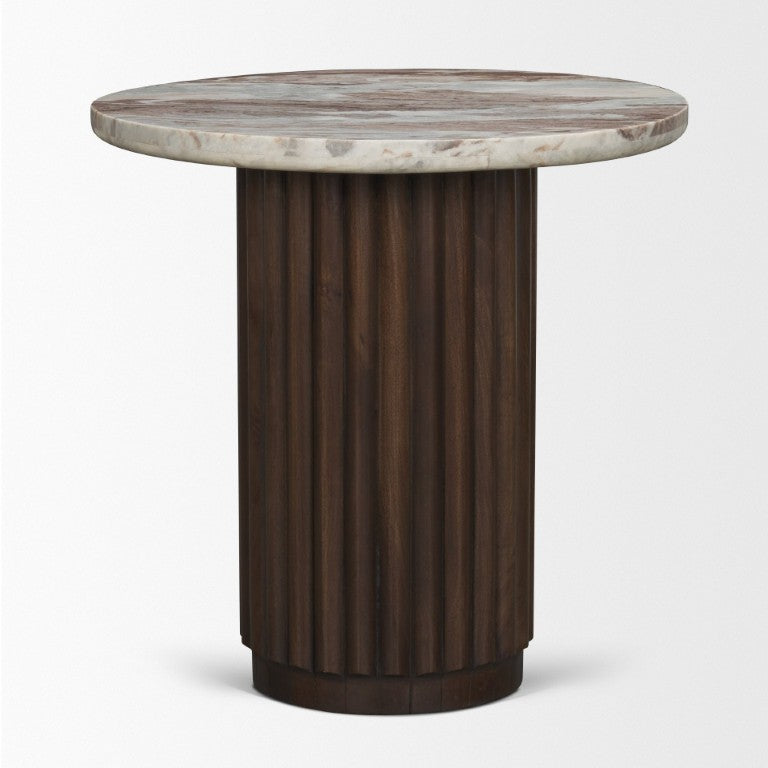 HomeRoots 24 Inch Round Solid Wood Pedestal Accent Table with Marble Top for Living Room 729077