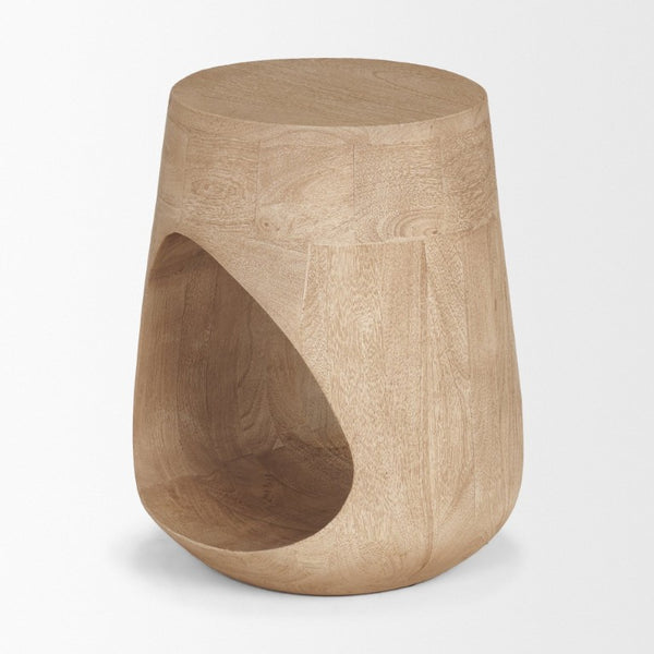 18 Inch Solid Wood Round Accent Table with Abstract Sculptural Base for Modern Living Room