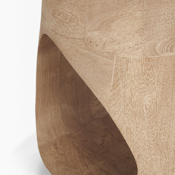 18 Inch Solid Wood Round Accent Table with Abstract Sculptural Base for Modern Living Room