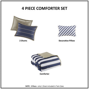 JLA Home Mi Zone - Comforter with Timeless Navy, Khaki & White Stripes, Antimicrobial Finish, Machine Washable, Tailored Look 102 L x 90 W x 1H MZ10-508