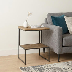 21 Inch Square Sled End Table Solid Wood Iron Frame Open Shelf Living Room Accent