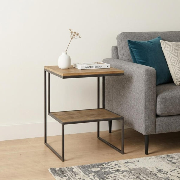 21 Inch Square Sled End Table Solid Wood Iron Frame Open Shelf Living Room Accent