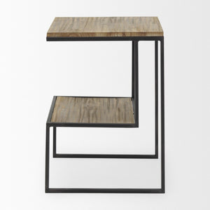 21 Inch Square Sled End Table Solid Wood Iron Frame Open Shelf Living Room Accent