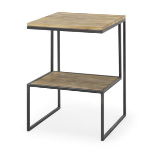 21 Inch Square Sled End Table Solid Wood Iron Frame Open Shelf Living Room Accent