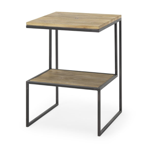 21 Inch Square Sled End Table Solid Wood Iron Frame Open Shelf Living Room Accent