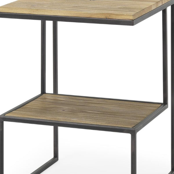 21 Inch Square Sled End Table Solid Wood Iron Frame Open Shelf Living Room Accent