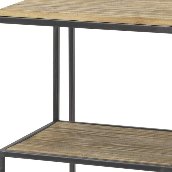 21 Inch Square Sled End Table Solid Wood Iron Frame Open Shelf Living Room Accent