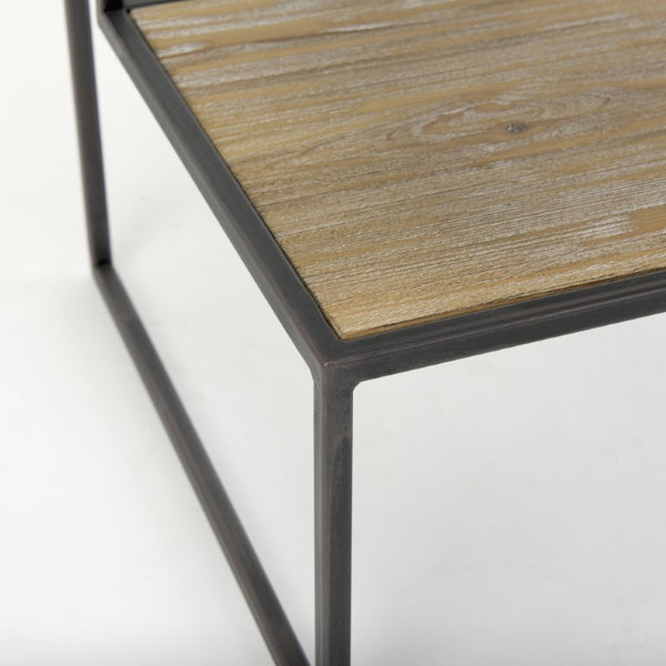 21 Inch Square Sled End Table Solid Wood Iron Frame Open Shelf Living Room Accent