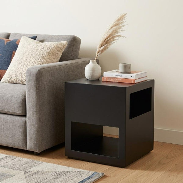 22 Inch Black Iron Square End Table with Open Storage Shelves for Modern Living Rooms