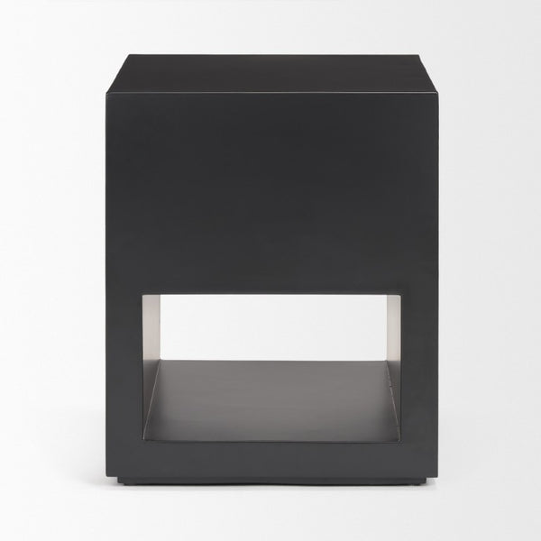 22 Inch Black Iron Square End Table with Open Storage Shelves for Modern Living Rooms