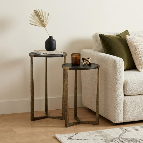 Set of Two Round Nesting Tables Antiqued Gold Iron Cross Legs Distressed Wood Finish