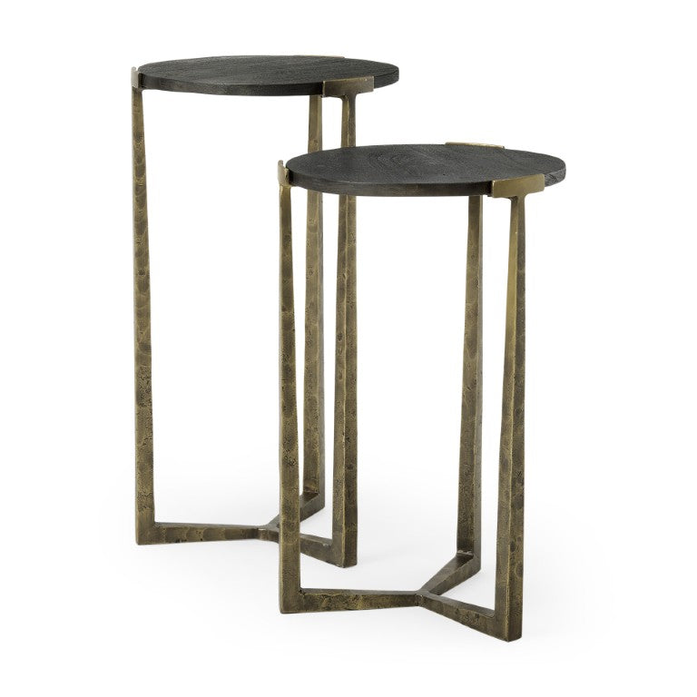 HomeRoots Set of Two Round Nesting Tables Antiqued Gold Iron Cross Legs Distressed Wood Finish 729086