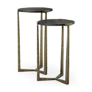 HomeRoots Set of Two Round Nesting Tables Antiqued Gold Iron Cross Legs Distressed Wood Finish 729086