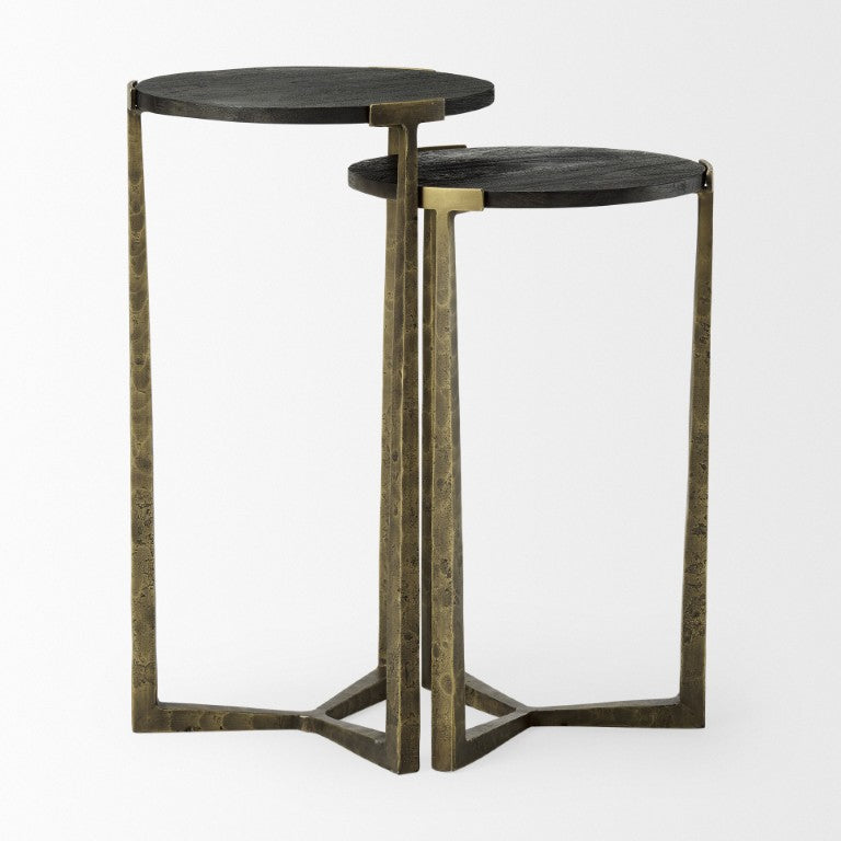 HomeRoots Set of Two Round Nesting Tables Antiqued Gold Iron Cross Legs Distressed Wood Finish 729086
