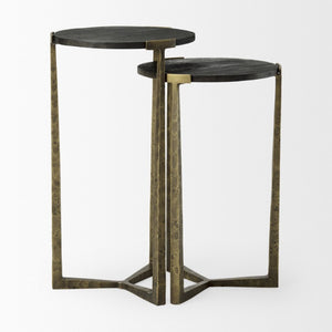 Set of Two Round Nesting Tables Antiqued Gold Iron Cross Legs Distressed Wood Finish