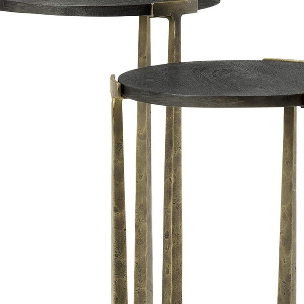 Set of Two Round Nesting Tables Antiqued Gold Iron Cross Legs Distressed Wood Finish
