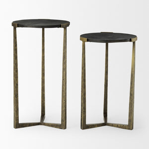 Set of Two Round Nesting Tables Antiqued Gold Iron Cross Legs Distressed Wood Finish