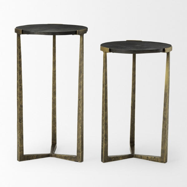 Set of Two Round Nesting Tables Antiqued Gold Iron Cross Legs Distressed Wood Finish