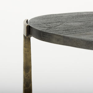 Set of Two Round Nesting Tables Antiqued Gold Iron Cross Legs Distressed Wood Finish