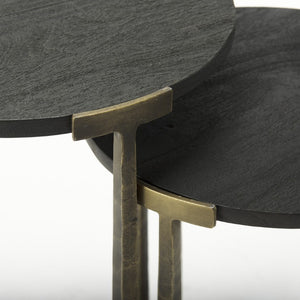 Set of Two Round Nesting Tables Antiqued Gold Iron Cross Legs Distressed Wood Finish