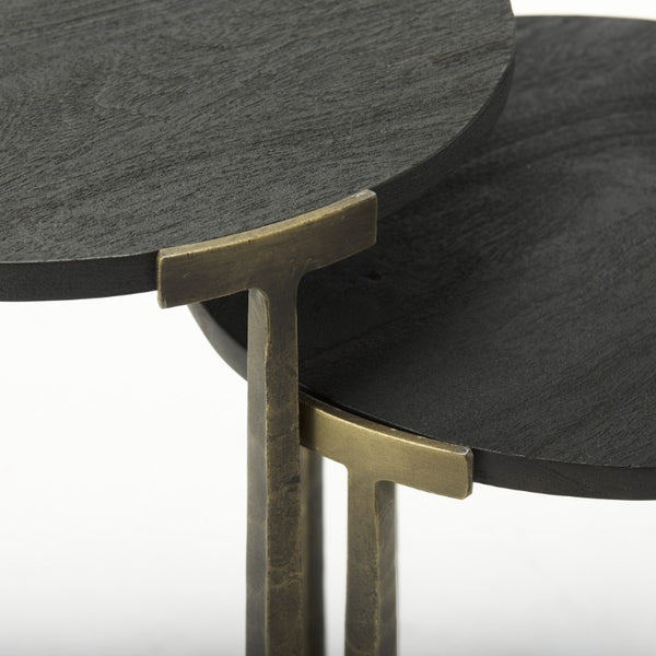 Set of Two Round Nesting Tables Antiqued Gold Iron Cross Legs Distressed Wood Finish