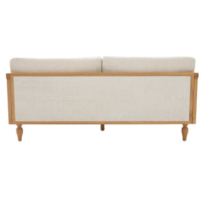 English Elm Mid-century Loveseat with Rattan Armrests Chenille Upholstery and Rubberwood Legs N763P379762Z