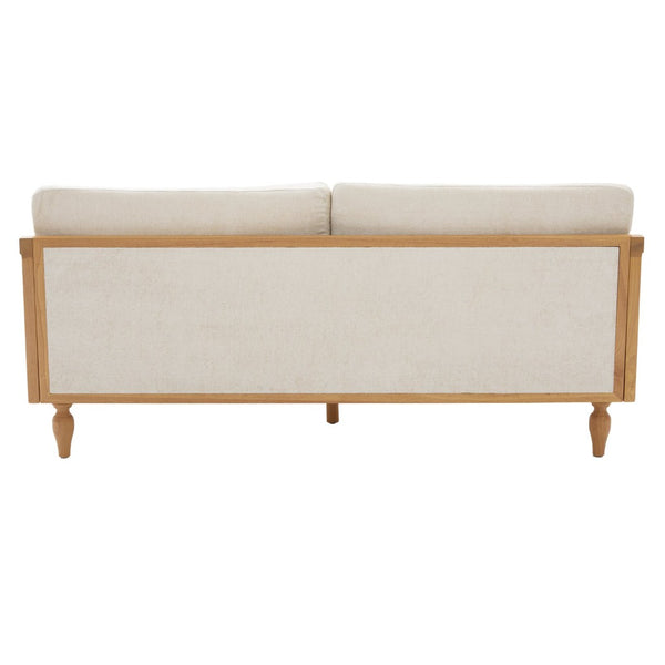 English Elm Mid-century Loveseat with Rattan Armrests Chenille Upholstery and Rubberwood Legs N763P379762Z