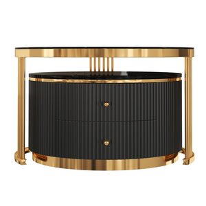 English Elm Modern Round Nesting Coffee Table Set with Gold Pedestal Legs and Storage Drawers Black N735P349323B