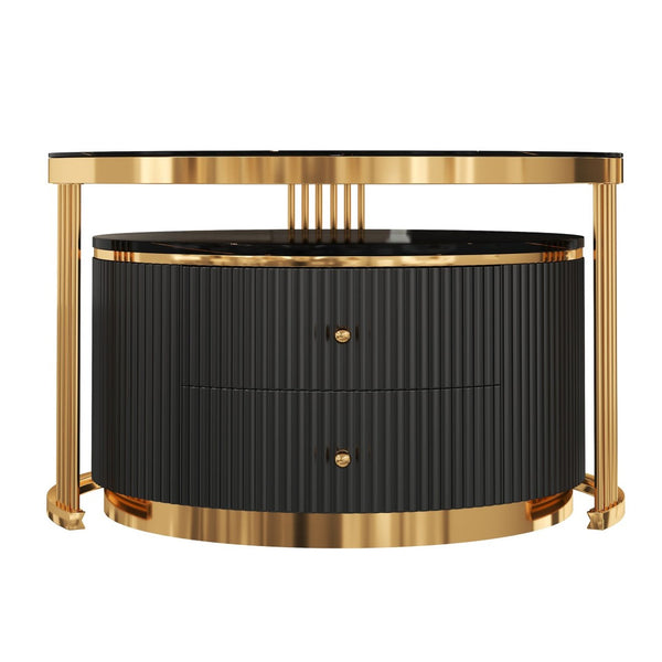 English Elm Modern Round Nesting Coffee Table Set with Gold Pedestal Legs and Storage Drawers Black N735P349323B