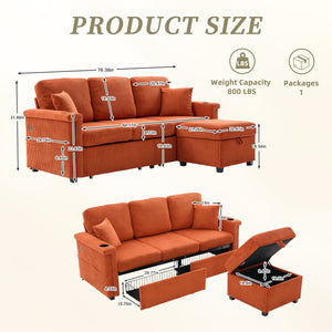 English Elm UNITED Corduroy L-Shaped Sectional Sofa with Storage Ottoman, USB Ports, Cup Holders & LED Lighting Orange W1568P332402