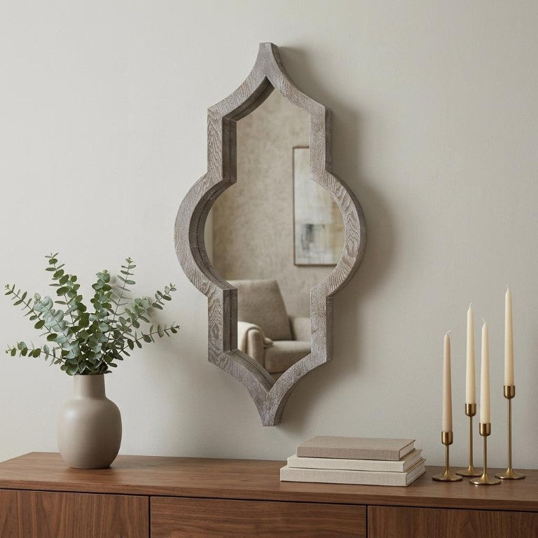 HomeRoots 34 Inch Solid Wood Quatrefoil Wall Mirror with Light Brown Finish for Entryway 729164