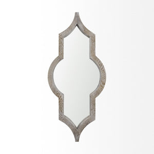 34 Inch Solid Wood Quatrefoil Wall Mirror with Light Brown Finish for Entryway