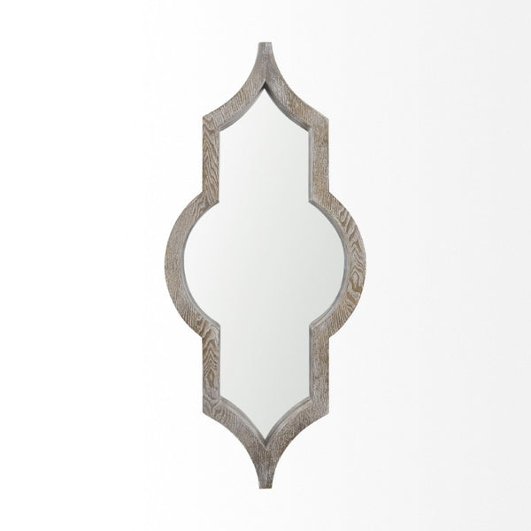 34 Inch Solid Wood Quatrefoil Wall Mirror with Light Brown Finish for Entryway