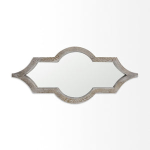 34 Inch Solid Wood Quatrefoil Wall Mirror with Light Brown Finish for Entryway