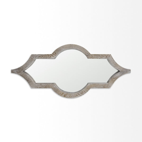 34 Inch Solid Wood Quatrefoil Wall Mirror with Light Brown Finish for Entryway