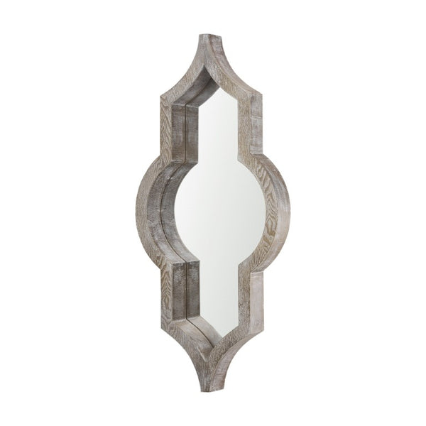 34 Inch Solid Wood Quatrefoil Wall Mirror with Light Brown Finish for Entryway
