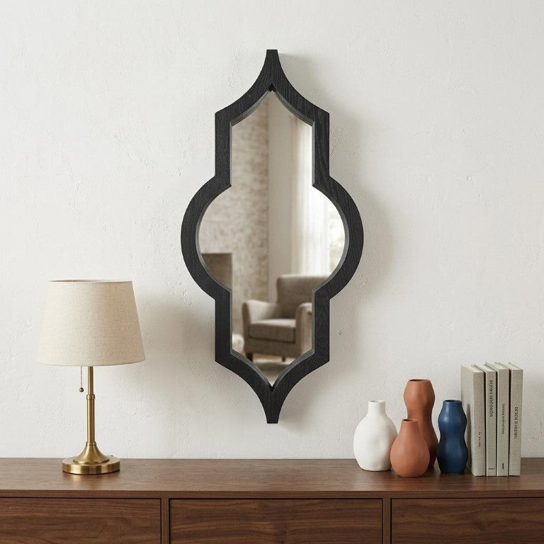 HomeRoots 34 Inch Solid Wood Quatrefoil Framed Wall Mirror Bohemian Accent Decor for Entryway Brown 729165
