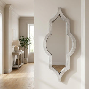 34 Inch Solid Wood Quatrefoil Framed Wall Mirror Bohemian Accent Decor for Entryway