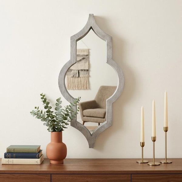 34 Inch Solid Wood Quatrefoil Framed Wall Mirror Bohemian Accent Decor for Entryway