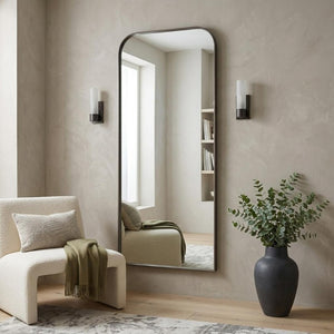 76 Inch Arched Full Length Wall Mirror with Sleek Black Iron Frame for Bedroom
