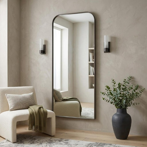 76 Inch Arched Full Length Wall Mirror with Sleek Black Iron Frame for Bedroom