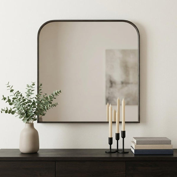 34 Inch Iron Square Wall Mirror with Bold Geometric Frame for Modern Living Spaces